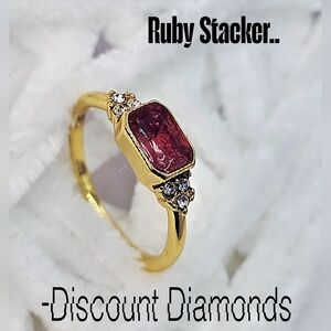 Ruby Cocktail Ring Flanked by Clear White Diamonds 18K Gold on 925